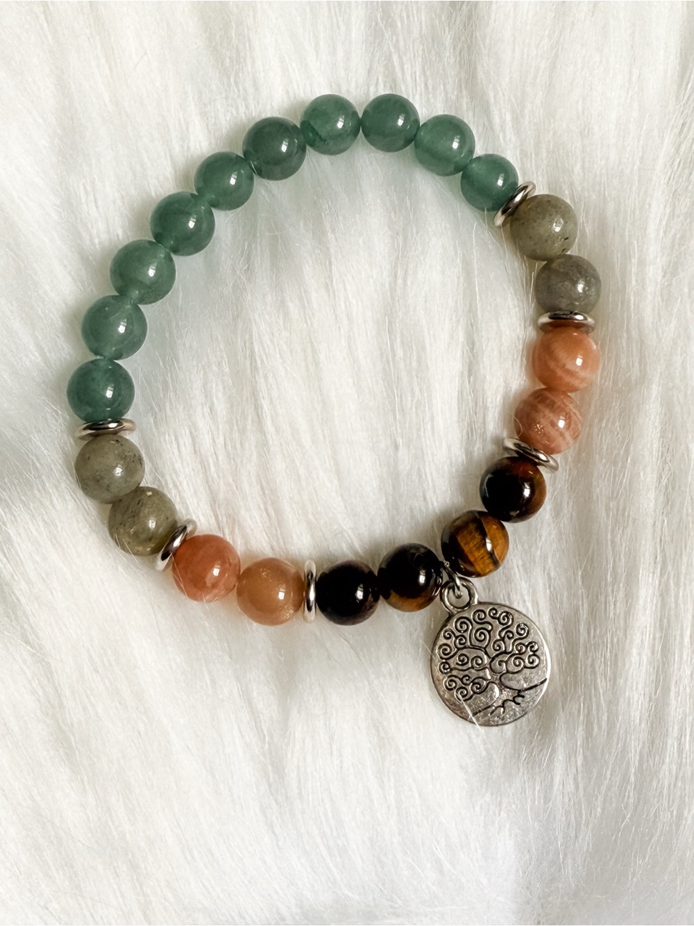 Tiger Eye Peach Moonstone and Green Aventurine Tree of Life Bracelet